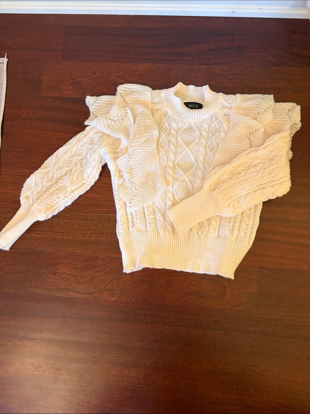 fab'rik Cream Cable-Knit Ruffle Shoulder Sweater